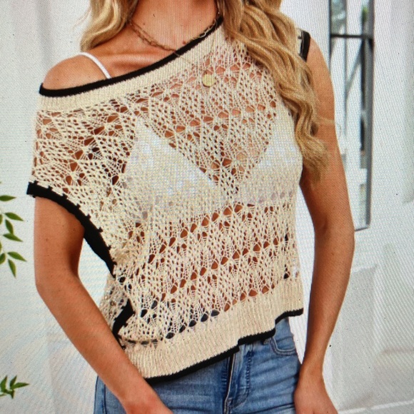 Sweaters - Cream Open-Knit Short Sleeve Sweater with Black Trim